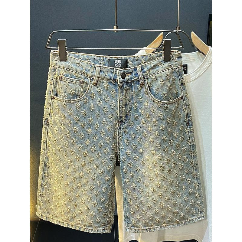 2024 American New Style Denim Shorts Men's Summer Loose Straight Ripped Jacquard High-End Mid-Length Pants