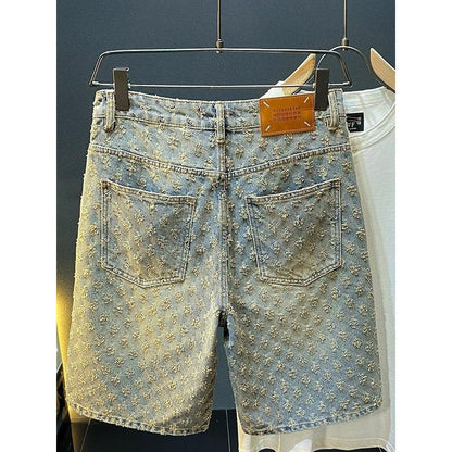 2024 American New Style Denim Shorts Men's Summer Loose Straight Ripped Jacquard High-End Mid-Length Pants