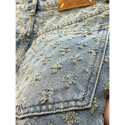 2024 American New Style Denim Shorts Men's Summer Loose Straight Ripped Jacquard High-End Mid-Length Pants