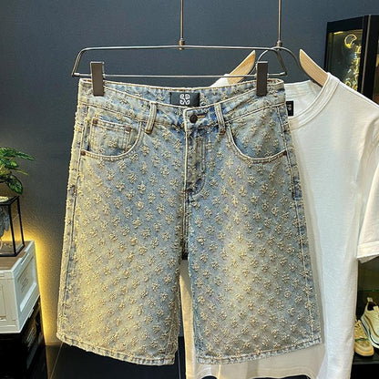 2024 American New Style Denim Shorts Men's Summer Loose Straight Ripped Jacquard High-End Mid-Length Pants