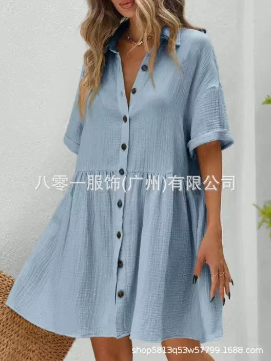 2025 Amazon Europe and the United States spring and summer new cotton and linen shirt collar short sleeve cardigan button skirt ladies dress