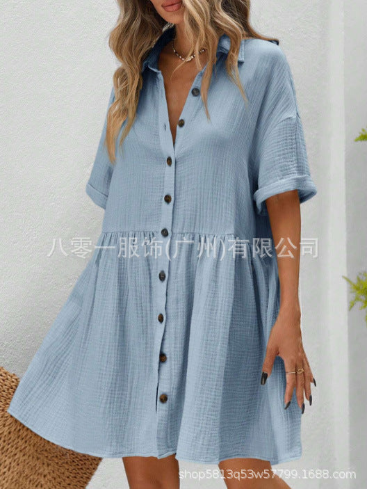2025 Amazon Europe and the United States spring and summer new cotton and linen shirt collar short sleeve cardigan button skirt ladies dress