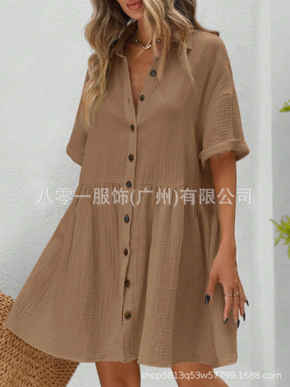 2025 Amazon Europe and the United States spring and summer new cotton and linen shirt collar short sleeve cardigan button skirt ladies dress
