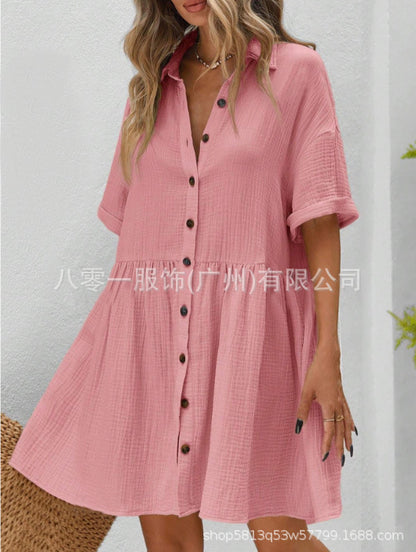 2025 Amazon Europe and the United States spring and summer new cotton and linen shirt collar short sleeve cardigan button skirt ladies dress