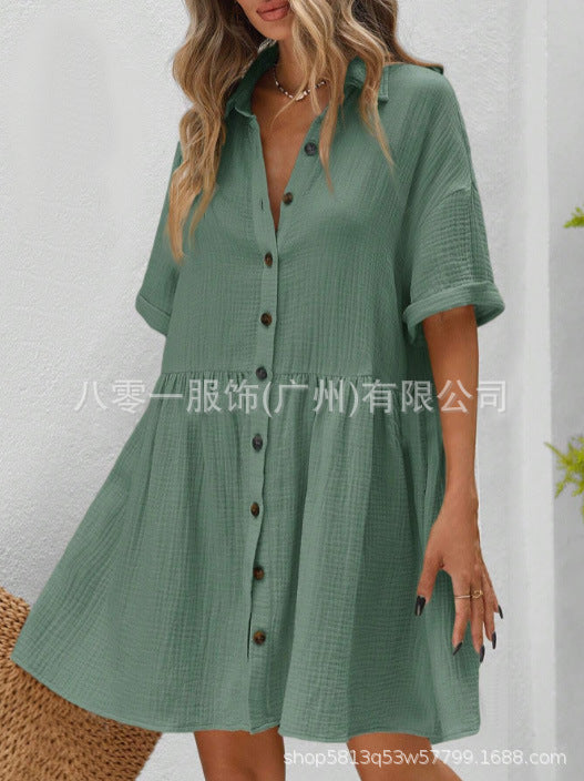 2025 Amazon Europe and the United States spring and summer new cotton and linen shirt collar short sleeve cardigan button skirt ladies dress