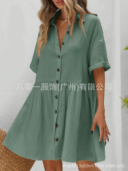2025 Amazon Europe and the United States spring and summer new cotton and linen shirt collar short sleeve cardigan button skirt ladies dress