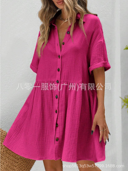 2025 Amazon Europe and the United States spring and summer new cotton and linen shirt collar short sleeve cardigan button skirt ladies dress