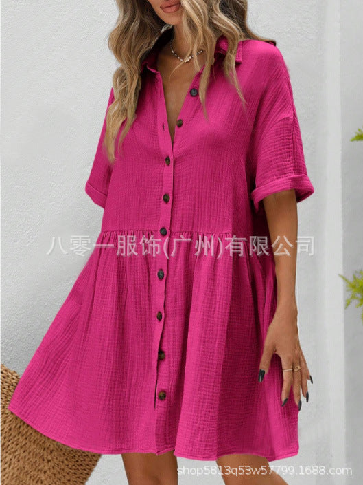 2025 Amazon Europe and the United States spring and summer new cotton and linen shirt collar short sleeve cardigan button skirt ladies dress