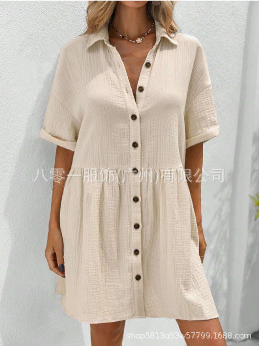 2025 Amazon Europe and the United States spring and summer new cotton and linen shirt collar short sleeve cardigan button skirt ladies dress