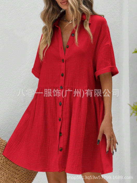 2025 Amazon Europe and the United States spring and summer new cotton and linen shirt collar short sleeve cardigan button skirt ladies dress