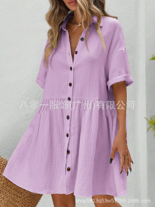 2025 Amazon Europe and the United States spring and summer new cotton and linen shirt collar short sleeve cardigan button skirt ladies dress