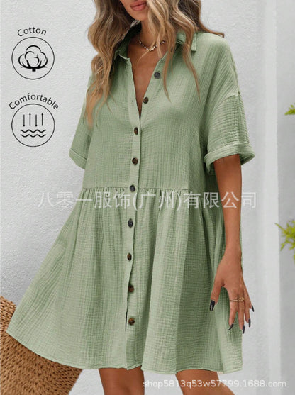 2025 Amazon Europe and the United States spring and summer new cotton and linen shirt collar short sleeve cardigan button skirt ladies dress