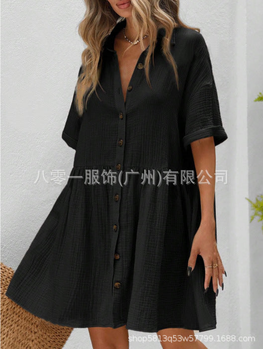 2025 Amazon Europe and the United States spring and summer new cotton and linen shirt collar short sleeve cardigan button skirt ladies dress