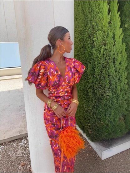2025 new cross-border European and American Amazon printed V-neck tight hip waist bubble short sleeve women's dress