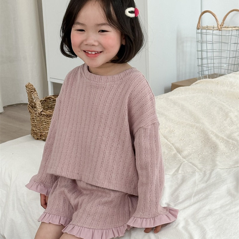 2025 spring new girls' Korean style jacquard lace suit children's solid color Western style short top + shorts