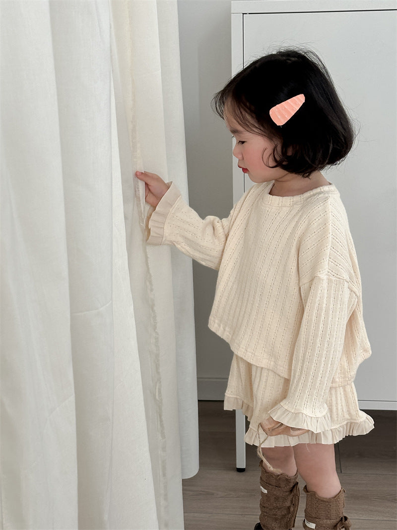 2025 spring new girls' Korean style jacquard lace suit children's solid color Western style short top + shorts