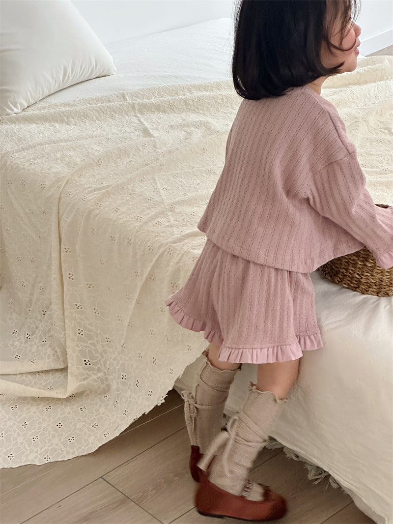 2025 spring new girls' Korean style jacquard lace suit children's solid color Western style short top + shorts