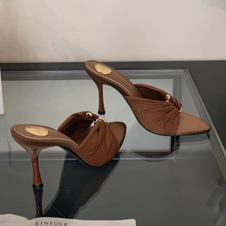 2025 Summer Fashion Open Toe Women's Shoes Royal Sister Fan Pointed Satin Sandals European and American Temperament Metal Buckle High Heels