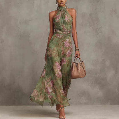 2026 European and American Women's Fashion Pleated Bodycon Mesh Printed Asymmetrical Slit Sexy Spaghetti Strap Long Dress