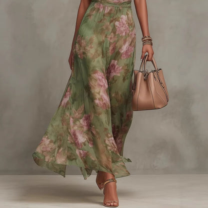 2026 European and American Women's Fashion Pleated Bodycon Mesh Printed Asymmetrical Slit Sexy Spaghetti Strap Long Dress