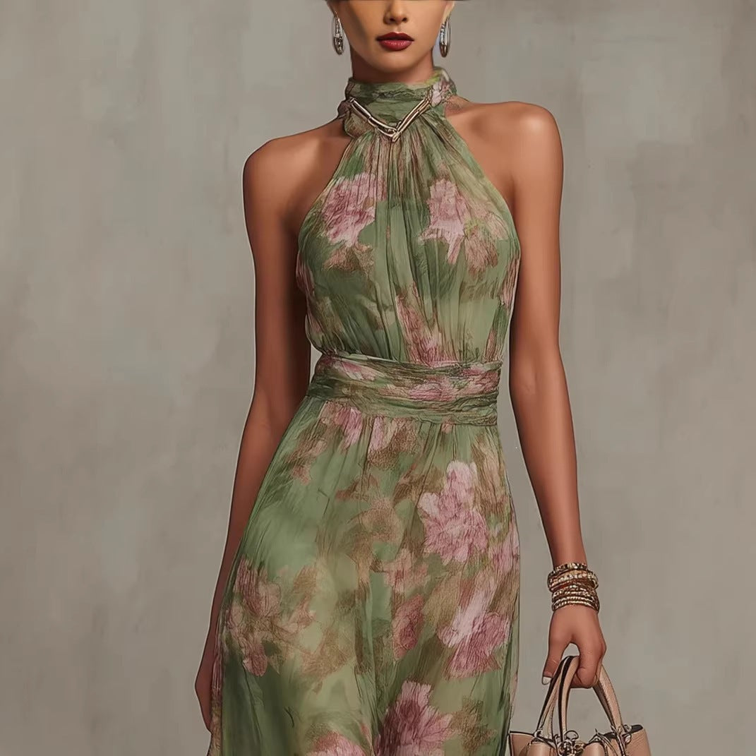 2026 European and American Women's Fashion Pleated Bodycon Mesh Printed Asymmetrical Slit Sexy Spaghetti Strap Long Dress