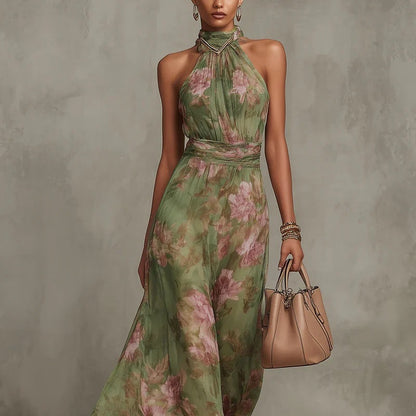 2026 European and American Women's Fashion Pleated Bodycon Mesh Printed Asymmetrical Slit Sexy Spaghetti Strap Long Dress