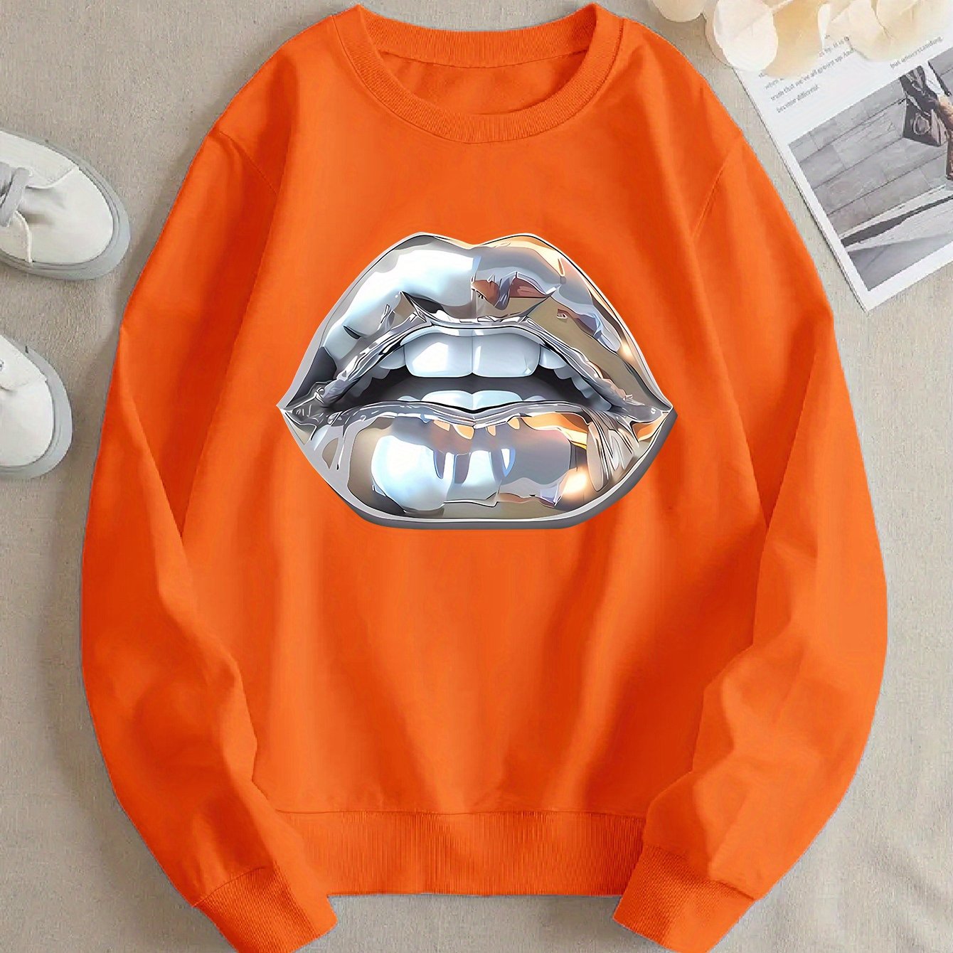 Buy Women’s Cartoon Silver Lip-Printed Sweatshirt for Casual Wear