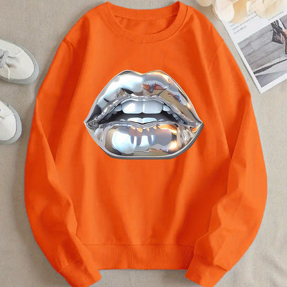 Buy Women’s Cartoon Silver Lip-Printed Sweatshirt for Casual Wear