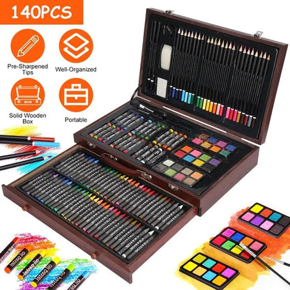 140PCS Art Supplies Kit Colored Pencils Pastels Wooden Box