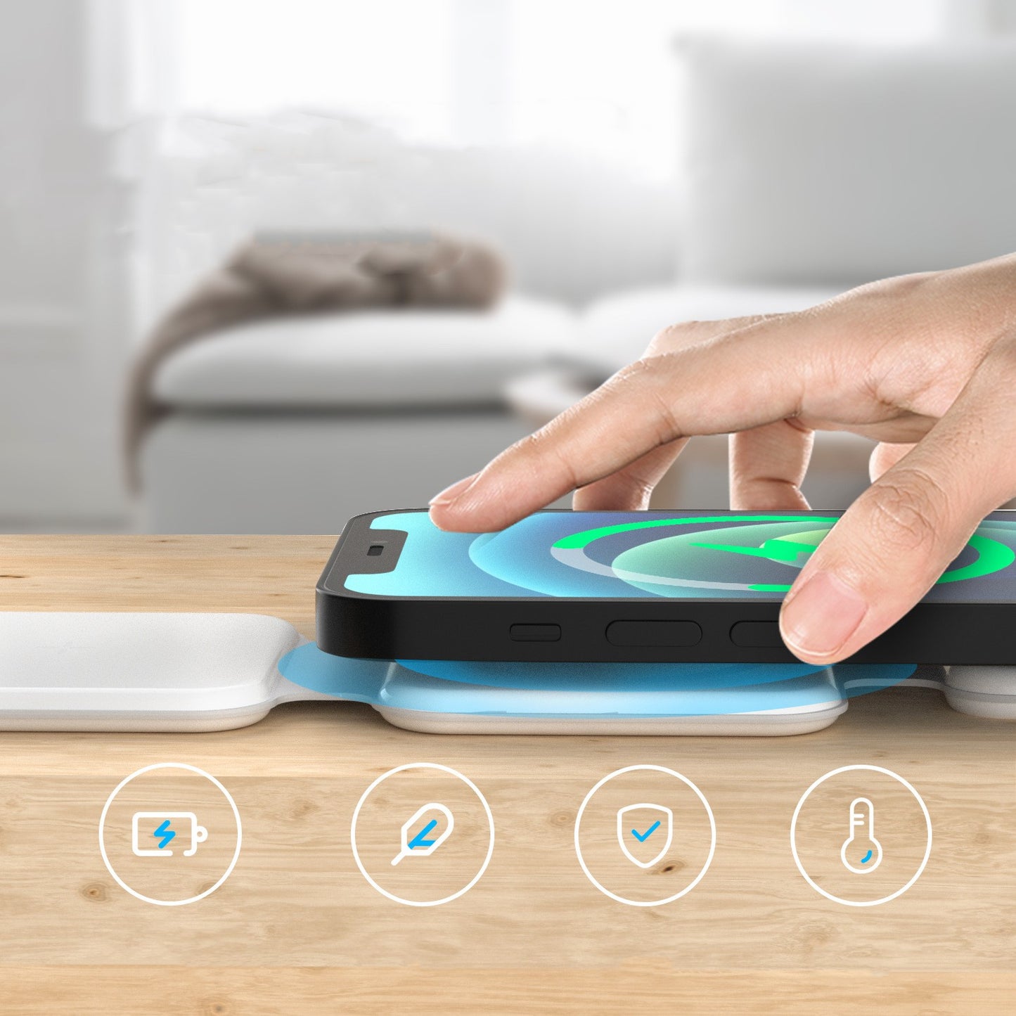 3-in-1 foldable wireless charger with phone, watch, and earbuds on a wooden surface. Global swanky 8