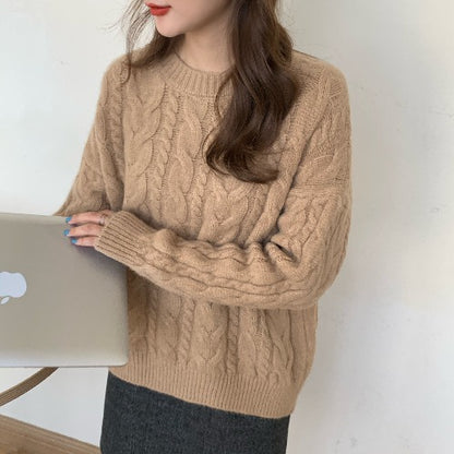Women's Red Twisted Cable-Knit Pullover Sweater Fall-Winter