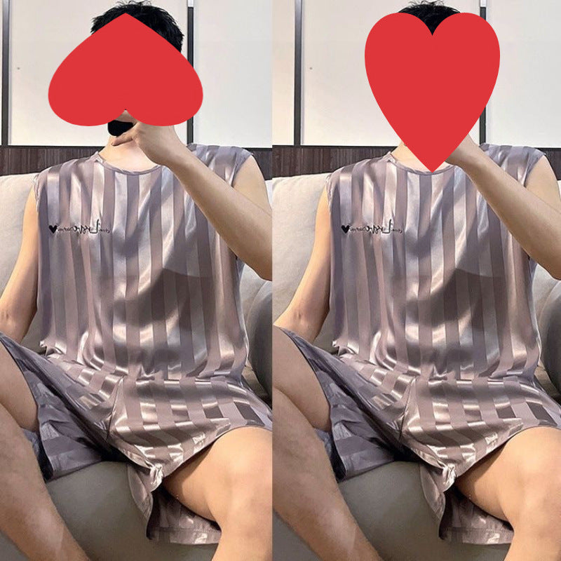 Buy Men’s Summer Ice Silk Pajamas Vest Shorts Sleepwear Set