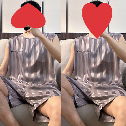 Buy Men’s Summer Ice Silk Pajamas Vest Shorts Sleepwear Set