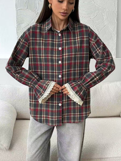 Womens Retro Loose-Fit Plaid Shirt  Casual Vintage Style