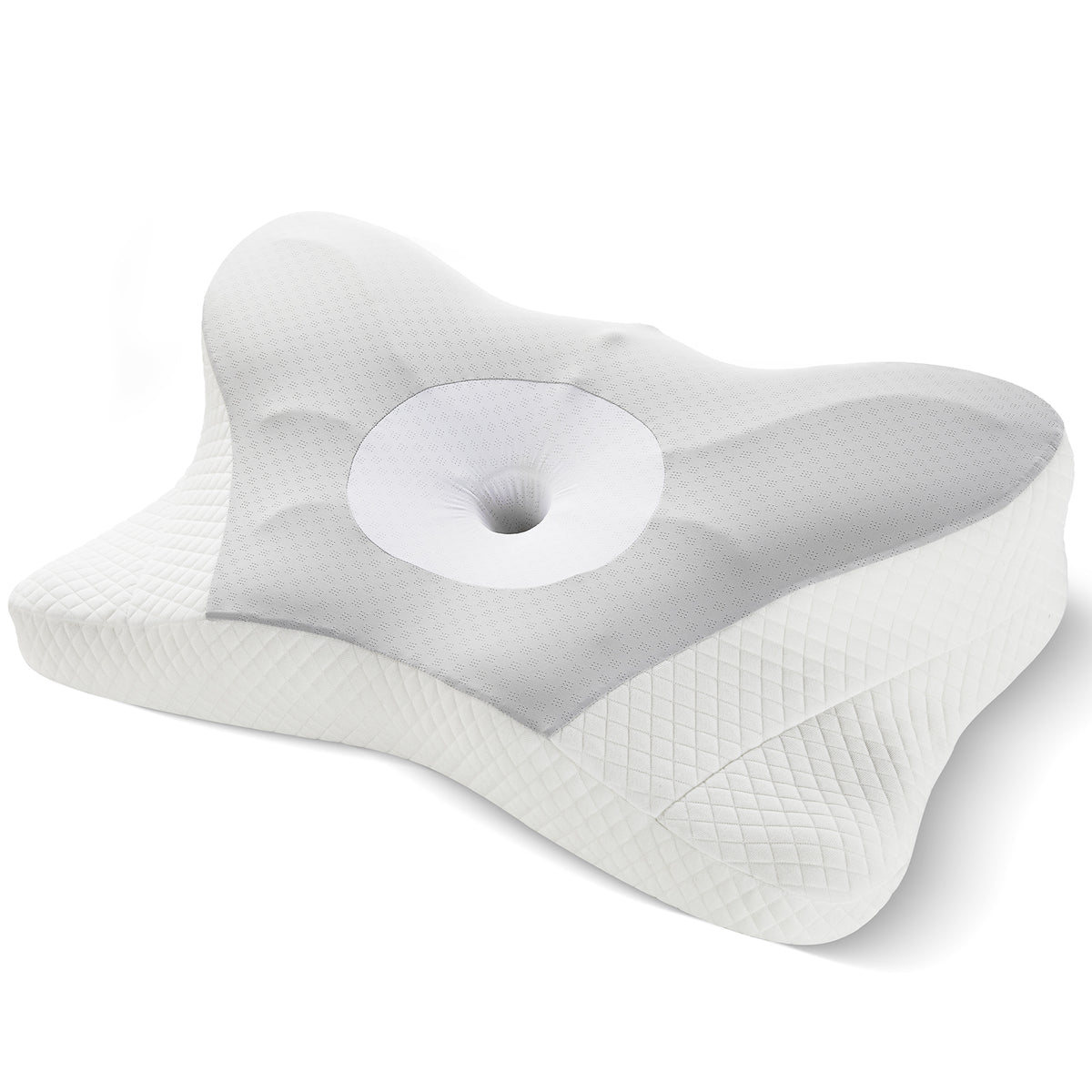 Grey memory foam contour pillow, angled view