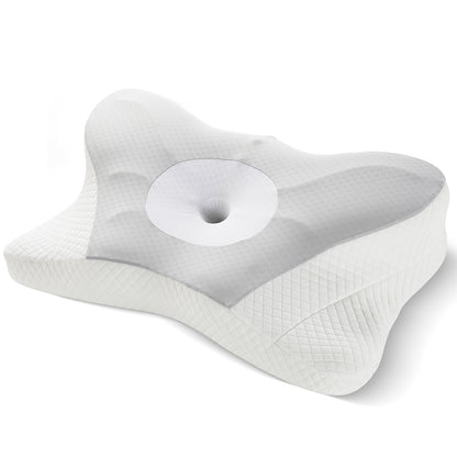 Grey memory foam contour pillow, angled view