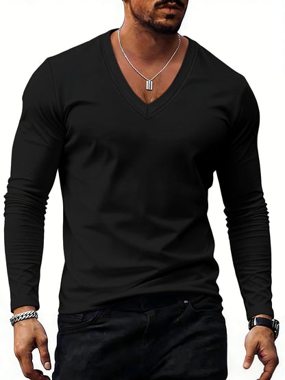 Men’s Solid-Color Plus-Size Casual V-Neck T-Shirt Trendy Style