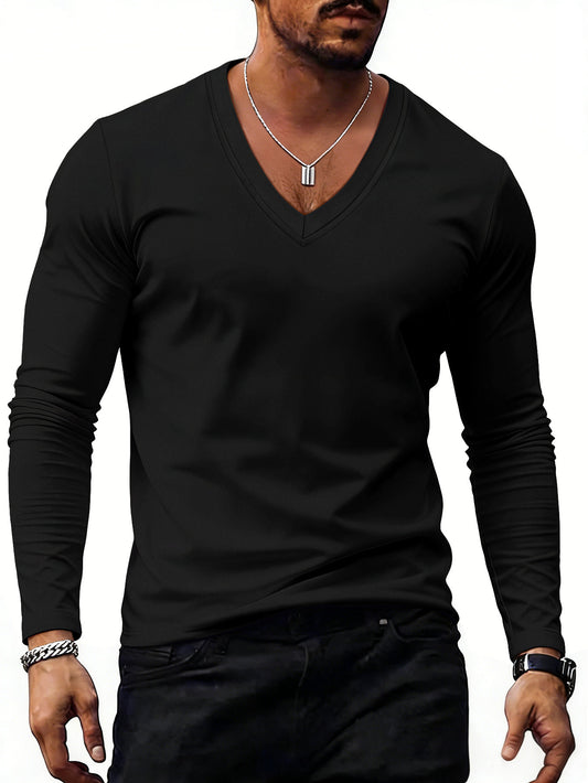 Men’s Solid-Color Plus-Size Casual V-Neck T-Shirt Trendy Style