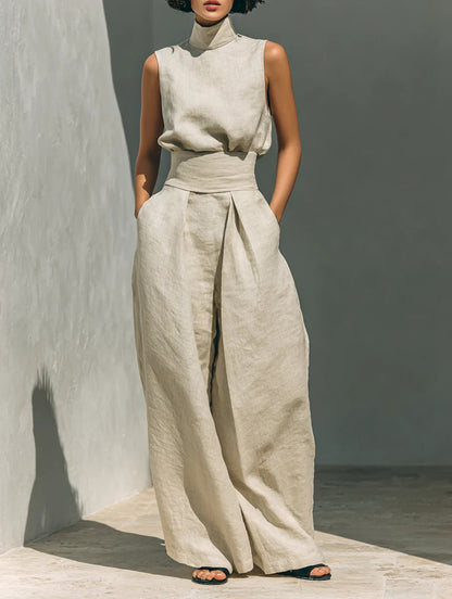 Women’s Cotton-Linen Casual Suit Sleeveless Pants for Comfort