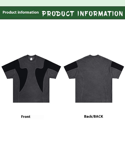 American Patchwork Retro Distressed Men's T-shirt Washed Structure Contrast Color