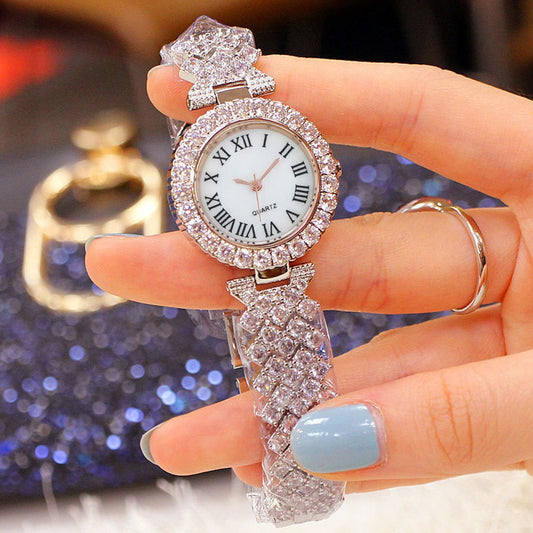 Roman-Style Womens Watch with Diamond-Encrusted Dial
