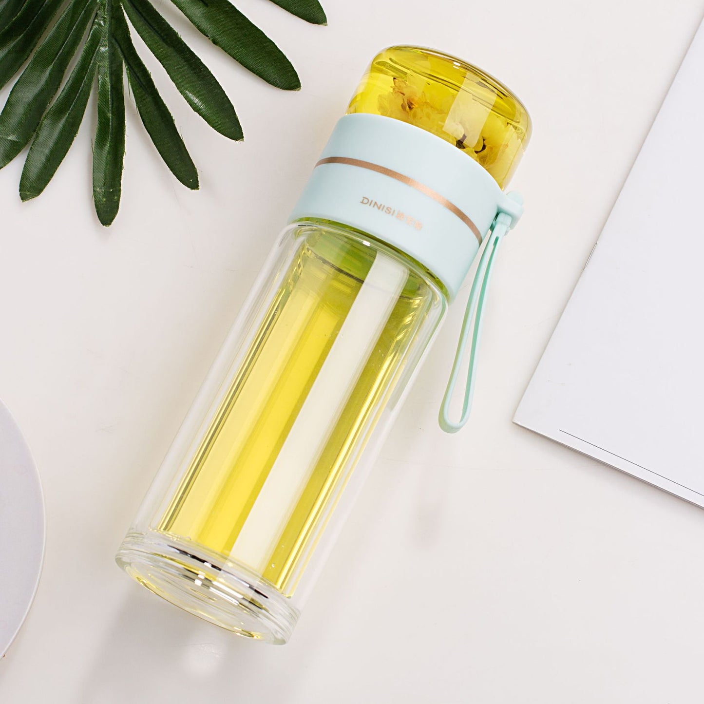Glass Water Bottle with Tea Infuser Filter Double Wall Design