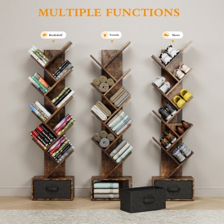 9 Tier Tree Bookshelf with Drawer for Home Office Storage