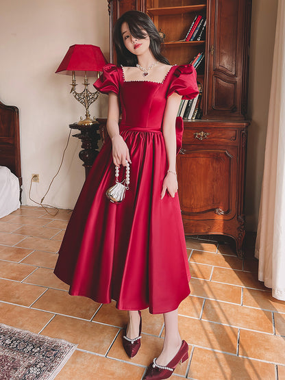 Winter Wine Red Engagement Satin Dress  French Princess Style