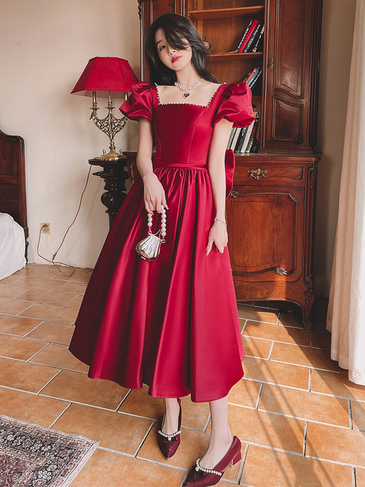 Winter Wine Red Engagement Satin Dress  French Princess Style