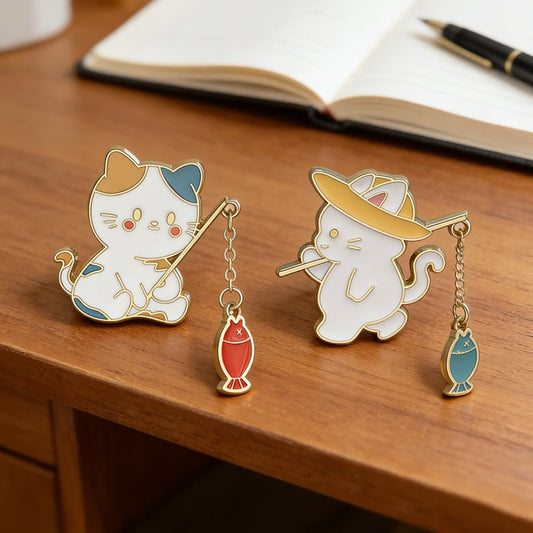Creative Cute Cat Fishing Couple Brooch Stylish Jewelry Pin
