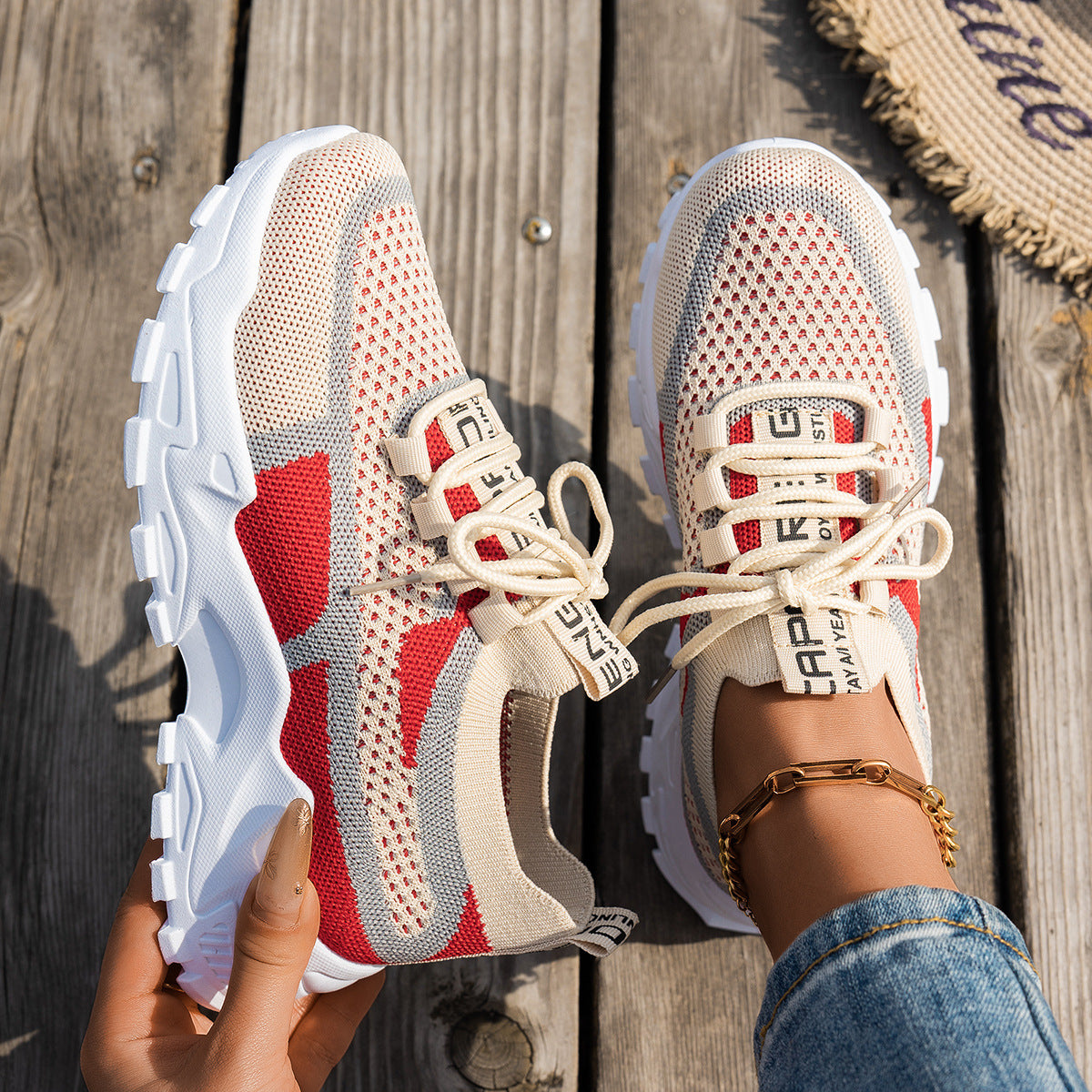 Flyknit Mesh Shoes Women's Breathable Lace-up Sneakers Walking Running Casual Shoes