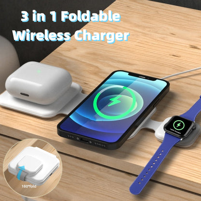 3-in-1 foldable wireless charger with phone, watch, and earbuds on a wooden surface. Global swanky1