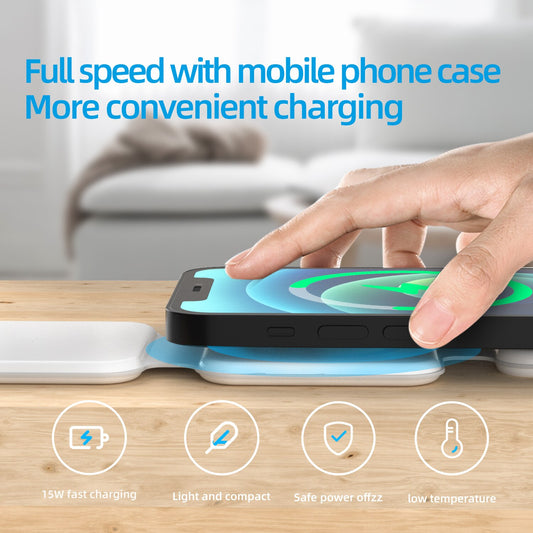3-in-1 foldable wireless charger with phone, watch, and earbuds on a wooden surface. Global swanky 2