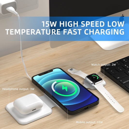 3-in-1 foldable wireless charger with phone, watch, and earbuds on a wooden surface. Global swanky 3